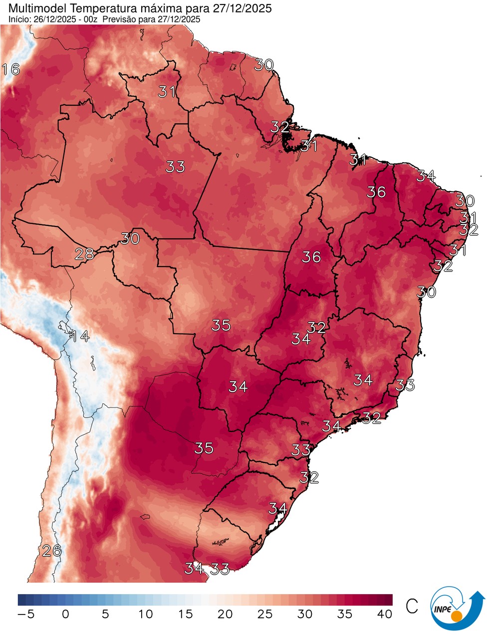 Mapa mostra previsão de temperatura máxima para este sábado (27). — Foto: CPTEC/Inpe