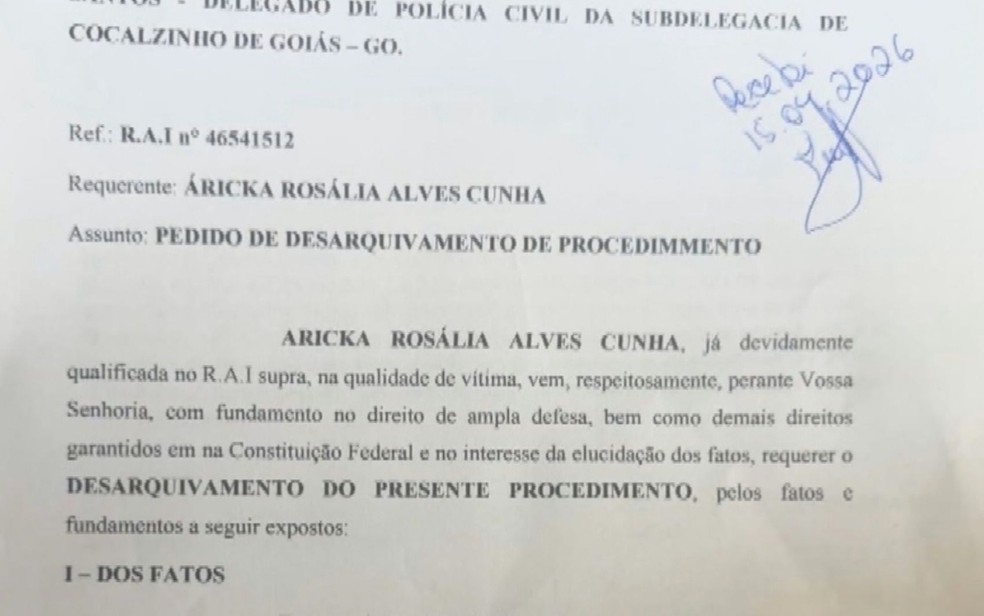 A advogada Áricka Cunha solicitou ao delegado de Cocalzinho o desarquivamento do registro e divulgou o pedido nas redes sociais — Foto: Reprodução/ TV Anhanguera