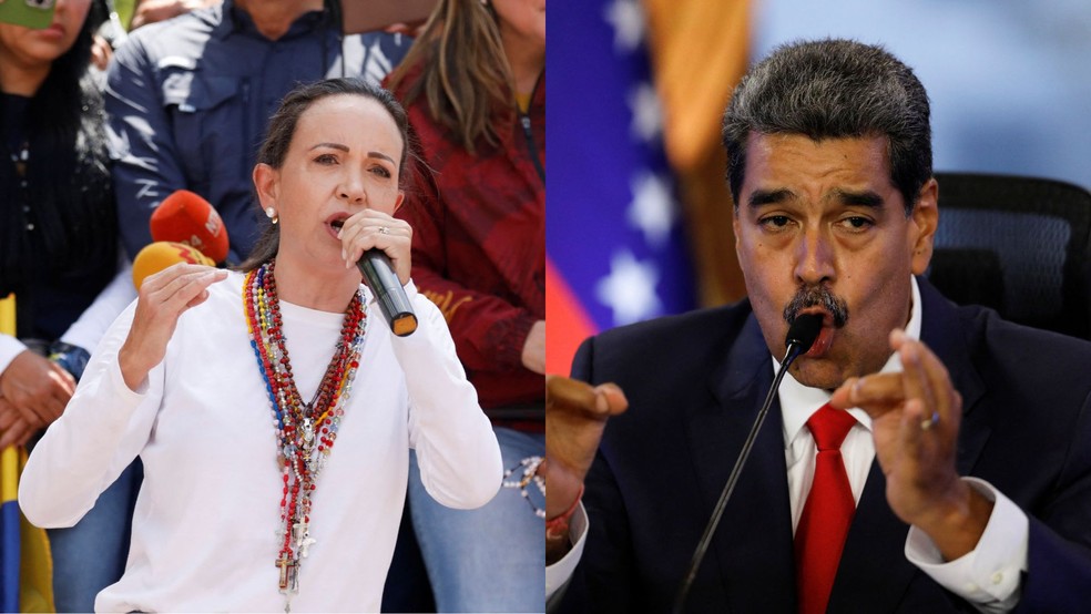María Corina Machado, líder da oposição na Venezuela, e presidente Nicolás Maduro. — Foto: Leonardo Fernandez Viloria/Reuters