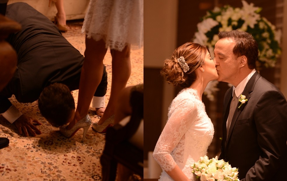 Durante e após a cerimônia de casamento, Carlinhos Cachoeira beijou os pés de Andressa Mendonça — Foto: Estúdio Maria Célia Siqueira