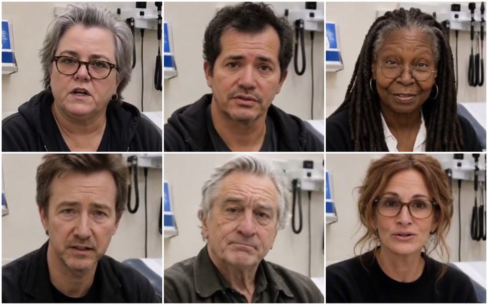 Vídeo feito por inteligência artificial mostra Rosie O’Donnell, John Leguizamo, Whoopi Goldberg, Edward Norton, Robert De Niro e Julia Roberts. Vídeo foi postado por Trump para atacar seus críticos. — Foto: Reprodução/Truth Social - imagem feita por IA
