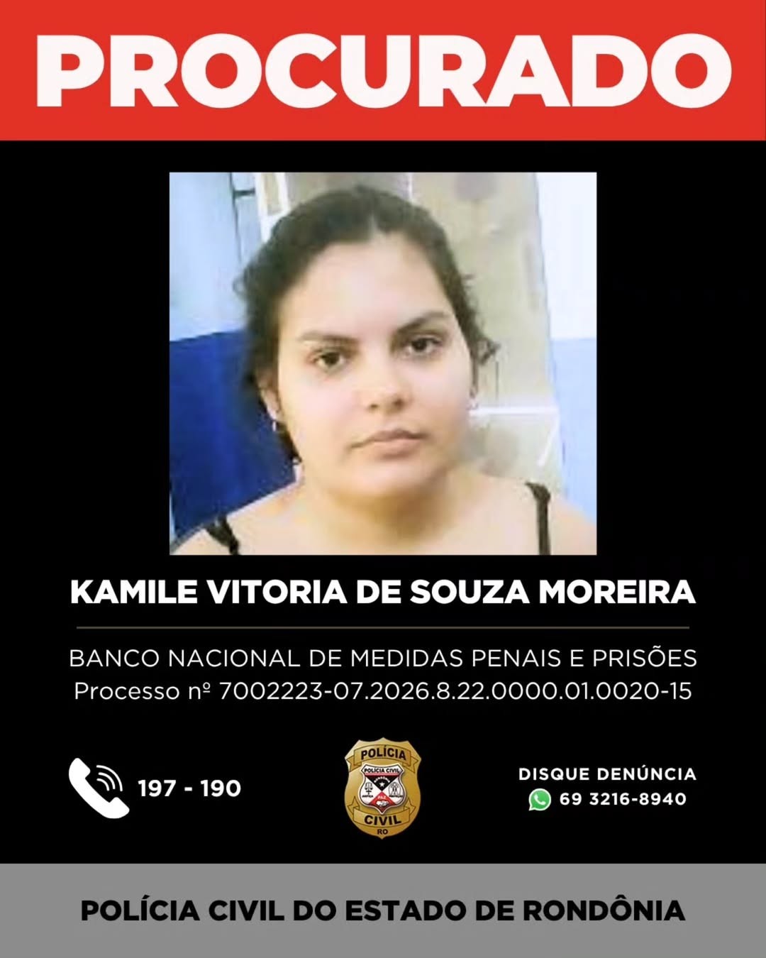 Kamile Vitória de Souza Moreira — Foto: Reprodução/Polícia Civil de Rondônia (PC-RO)