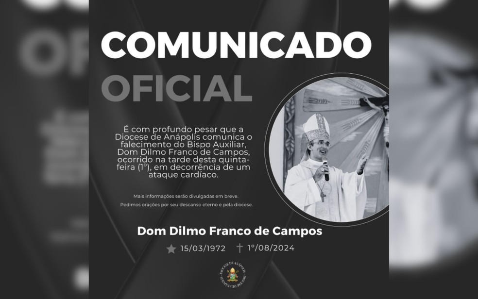 A Diocese de Anápolis pediu orações pela alma de Dom Dilmo e por sua família — Foto: Reprodução/TV Anhanguera