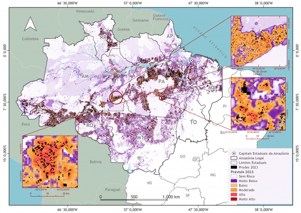 Áreas sob risco de desmatamento apontadas pela PrevisIA — Foto: Imazon/Divulgação