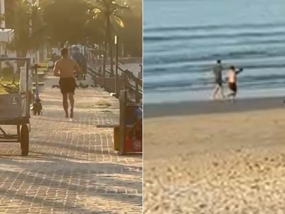 Militar do Exército de calção preto começou a perseguição no calçadão e terminou na faixa de areia, quando matou o suspeito — Foto: Redes sociais