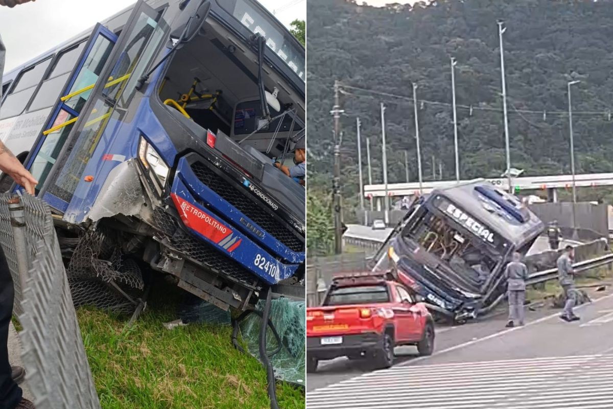 Ônibus perde o controle, destrói mureta e fica atravessado em canteiro de rodovia no litoral de SP; VÍDEO