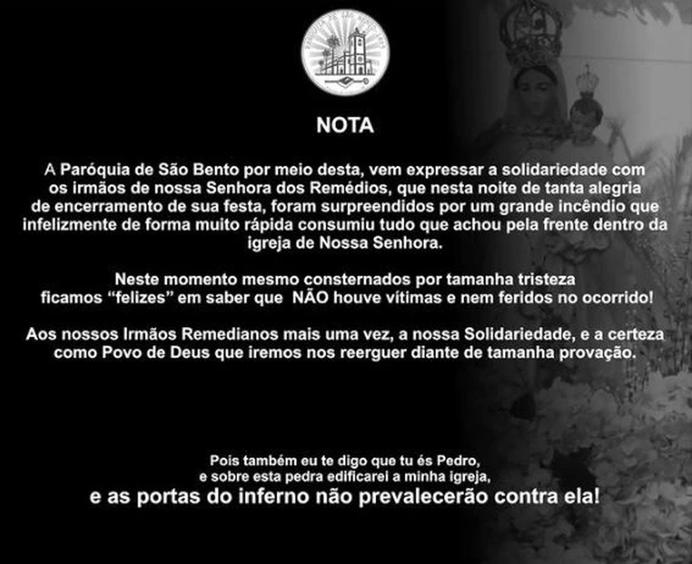 Nota da Paróquia de São Bento — Foto: Divulgação