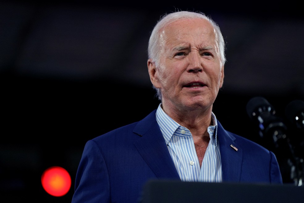 Presidente dos EUA, Joe Biden, faz discurso em comício eleitoral em Rileigh, na Carolina do Norte, em 28 de junho de 2024. — Foto: REUTERS/Elizabeth Frantz