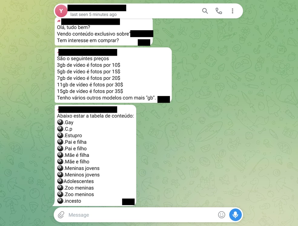 Criminoso vende conteúdo de abuso sexual em chat no Telegram. — Foto: Reprodução/Telegram
