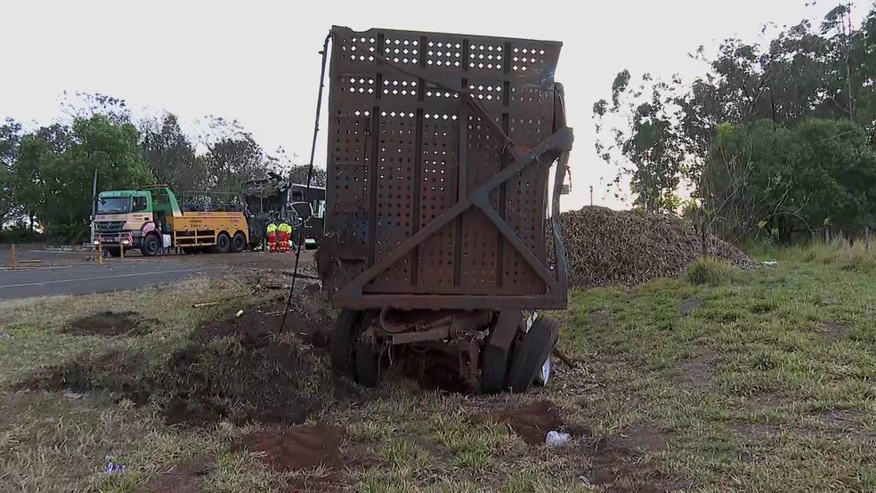 Treminhão carregado com cana cruzou em local proibido e foi atingido por ônibus em Batatais — Foto: Reprodução/EPTV