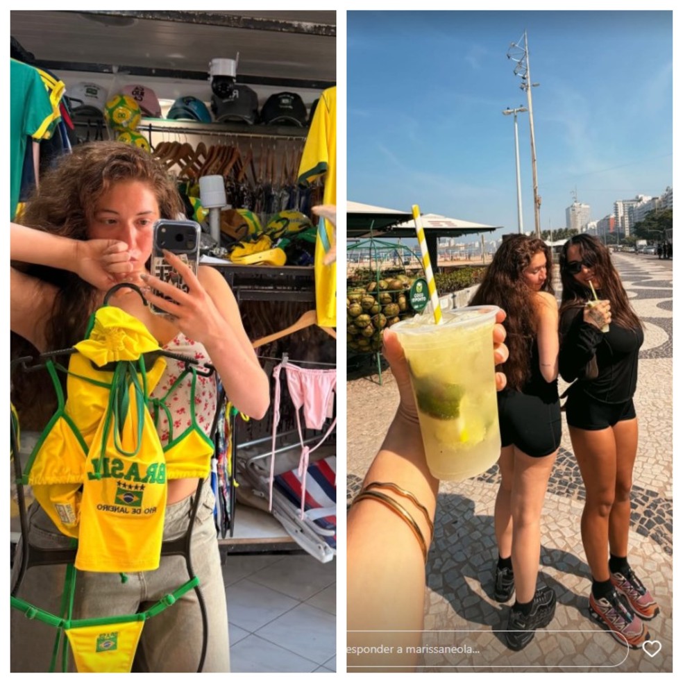 Marissa Neola publicou imagens em uma loja com peças de biquíni e bebendo caipirinha na orla de Copacabana — Foto: Reprodução redes sociais