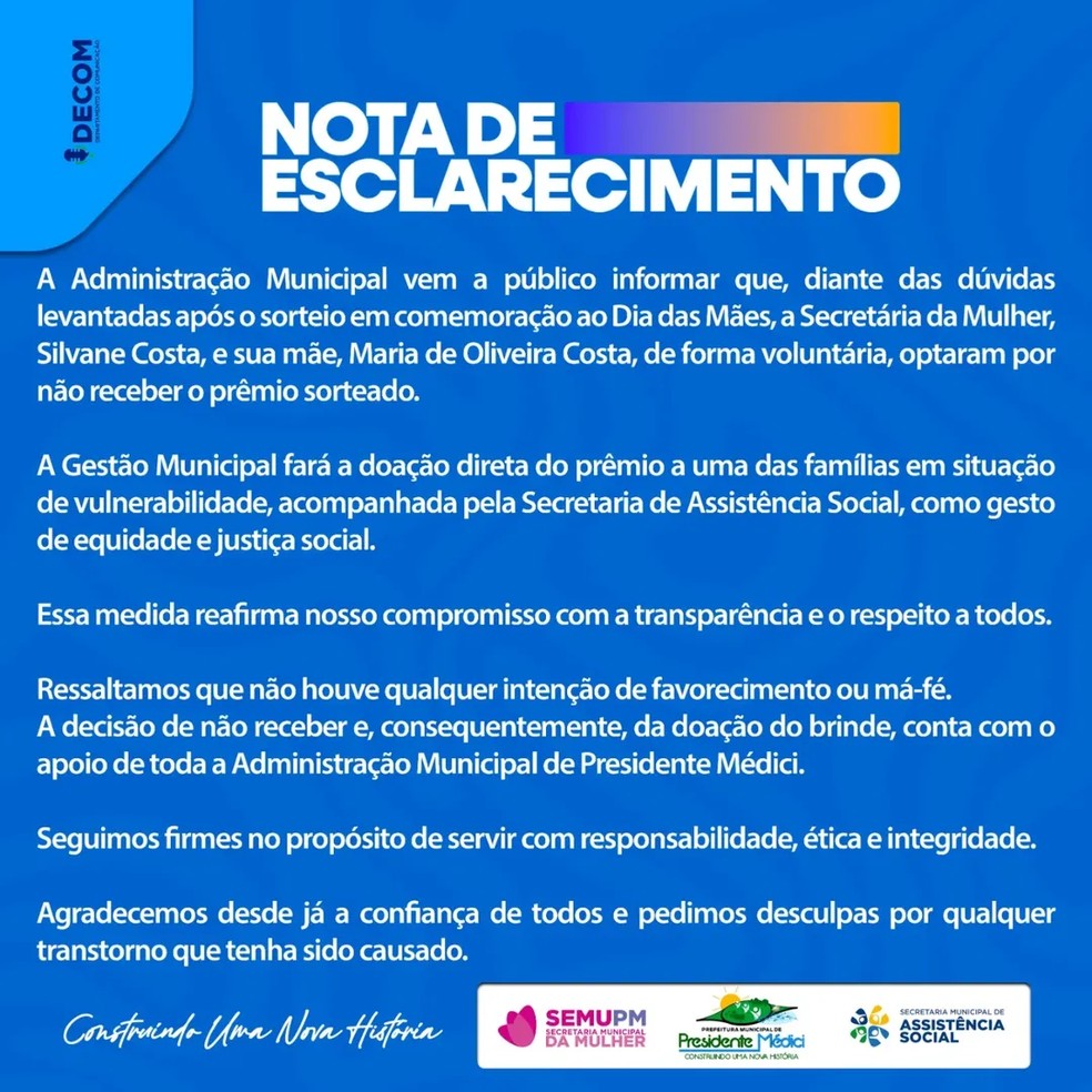 Nota da Prefeitura de Presidente Mdici sobre o sorteio polmico do Dia das Mes.  Foto: Divulgao/Redes sociais