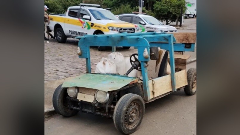 'Carro dos Flintstones': veículo de madeira e sem vidros é flagrado circulando em rodovia de SC
