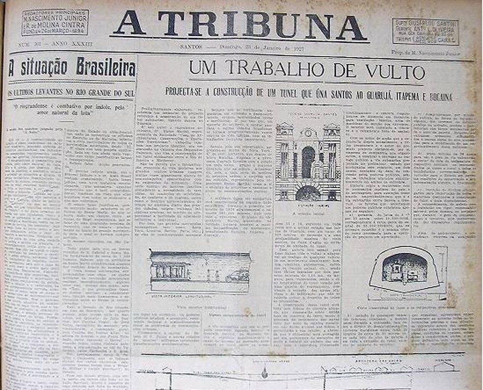 Projetos foi publicado na primeira página do jornal santista A Tribuna, no 23 de janeiro de 1927. — Foto: Novo Milénio