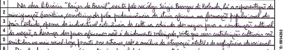 Redação nota mil de Marina Vieira Almeida Lima, no Enem 2024. — Foto: Reprodução