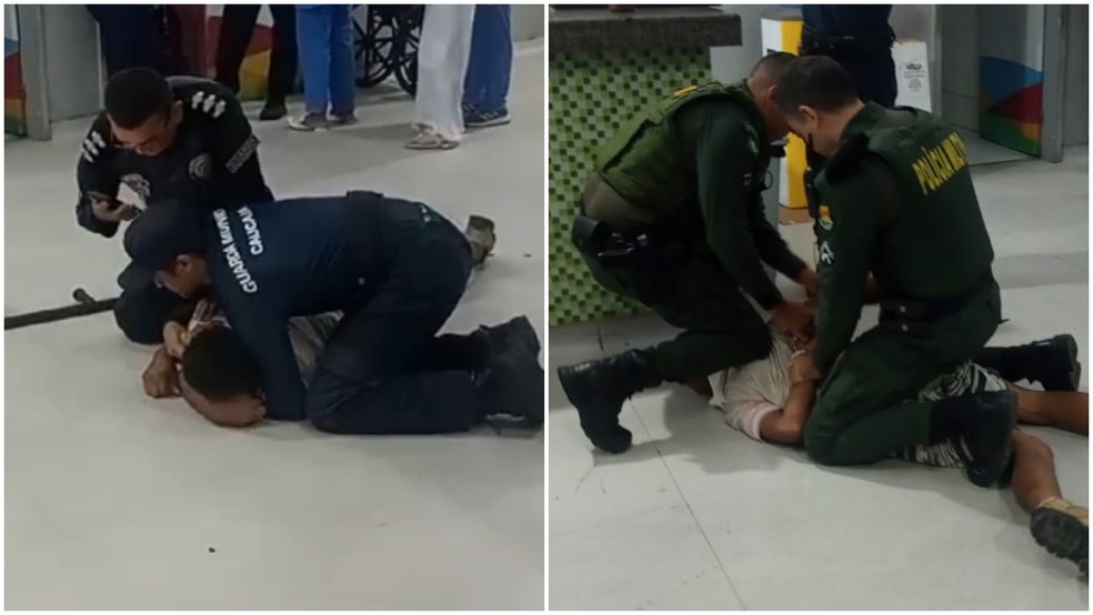 Homem invade hospital público, é rendido por guardas e tenta morder agentes — Foto: Reprodução