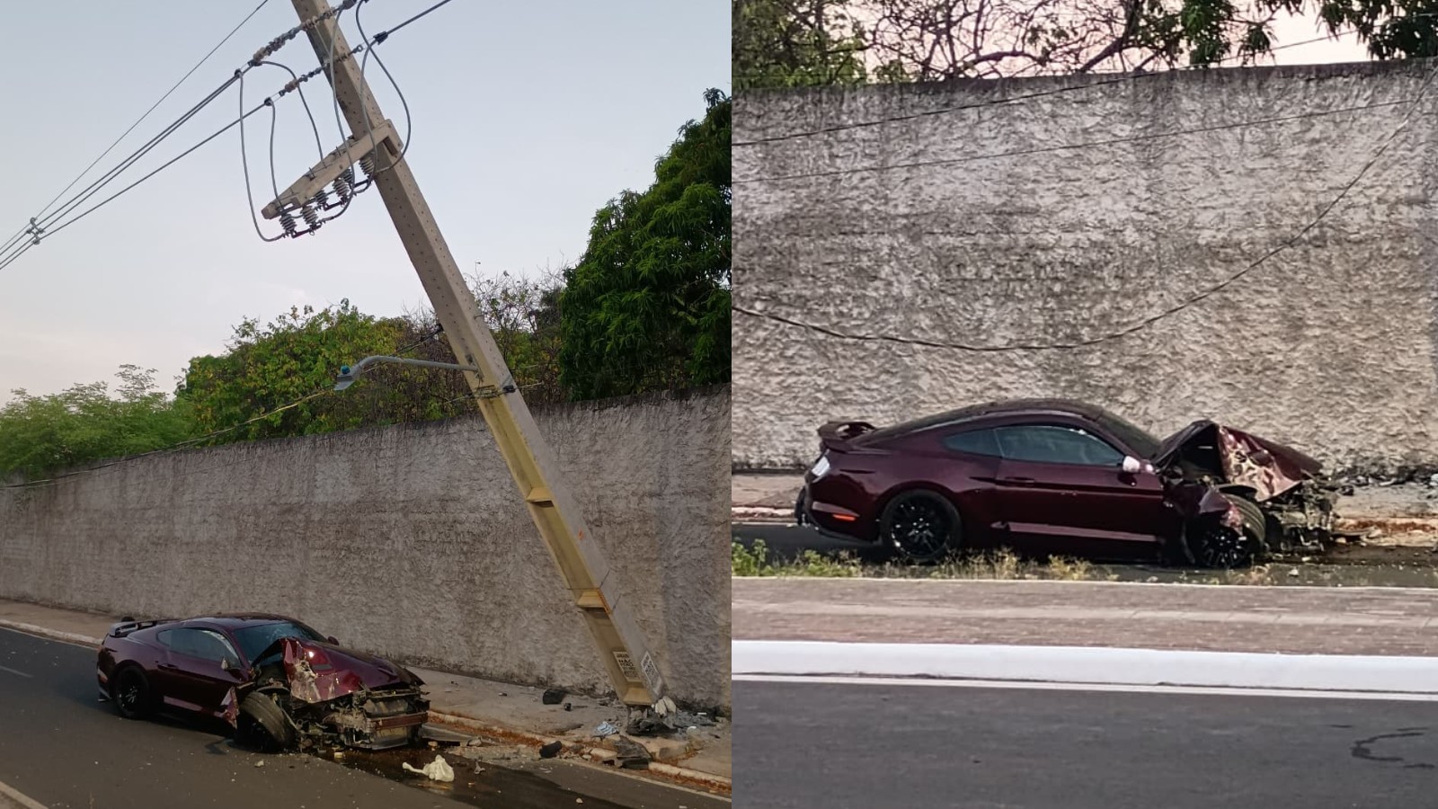 Carro de luxo fica parcialmente destruído após bater em poste em Teresina