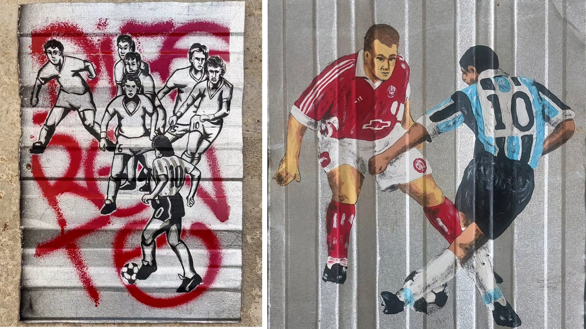 Dribles em chapas metálicas e gols em telhas de zinco: artista sorocabano transforma momentos do futebol em grafites — Foto: Reprodução/golgraffiti