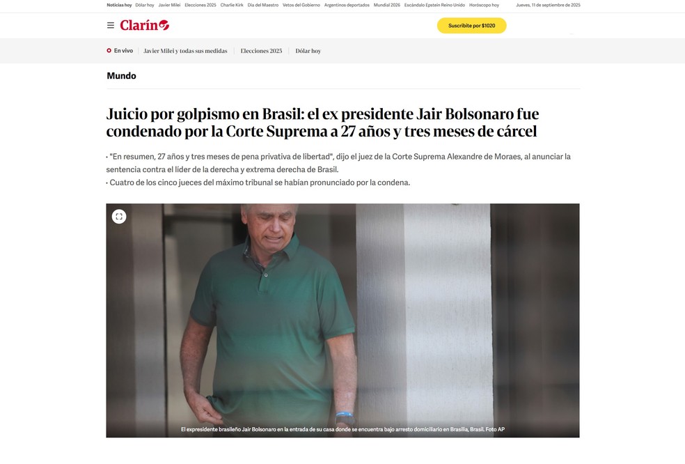 Clarín repercute a formação de maioria no STF para condenação de Bolsonaro. — Foto: Reprodução