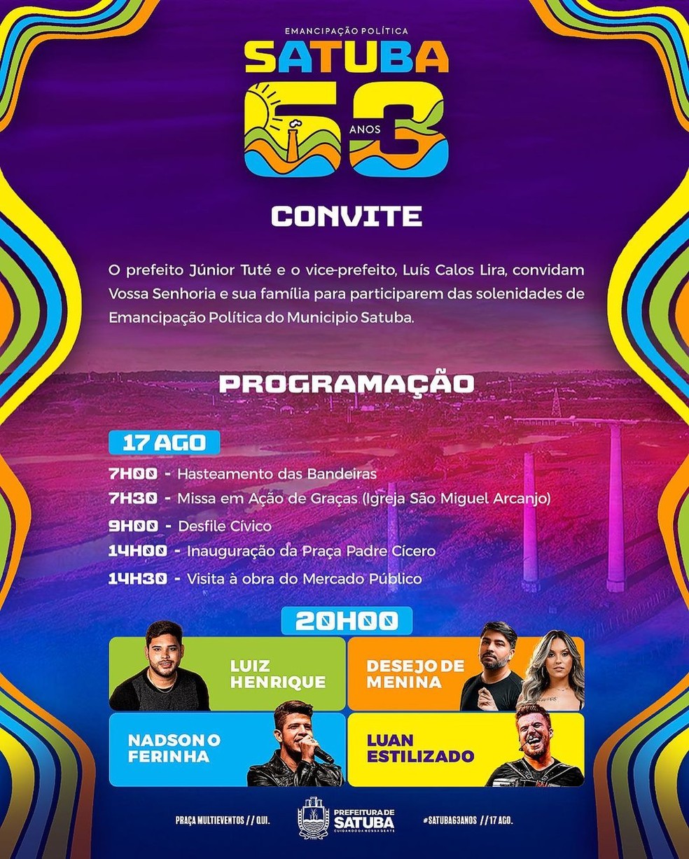 Programação da festa de 63 anos de emancipação política de Satuba, AL — Foto: Prefeitura de Satuba 