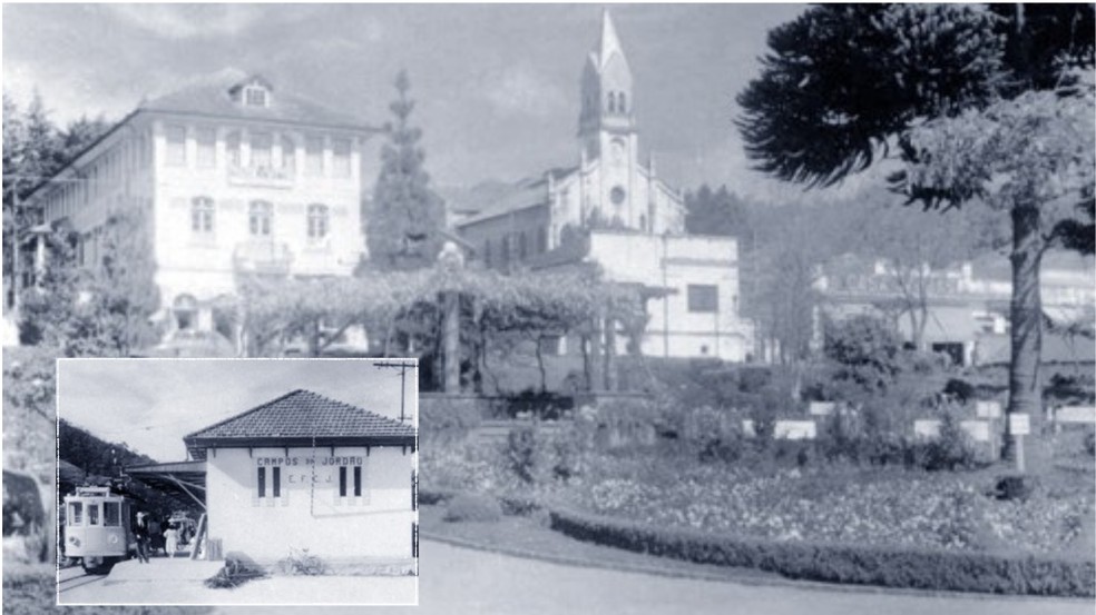 Foto de 1960 mostra o aspecto da cidade no fim era sanatorial, em 1960; no detalhe a Esta��o Ferrovi�ria de Campos do Jord�o � Foto: Acervo IBGE