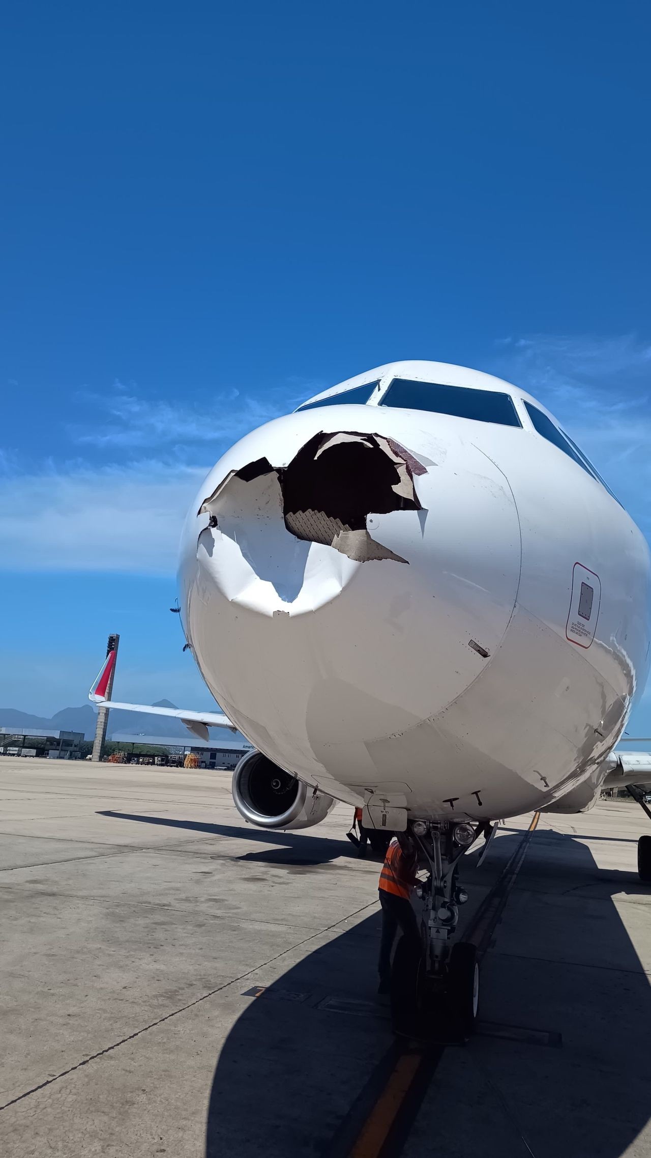 Avião da Latam retorna ao Galeão após colisão com pássaro; bico da aeronave ficou destruído