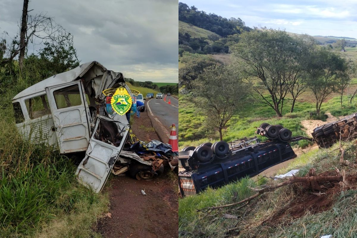 Kombi bate de frente com carreta e motorista e passageiro morrem em rodovia do Paraná