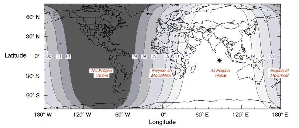 Visibilidade do eclipse lunar total de setembro. — Foto: NASA