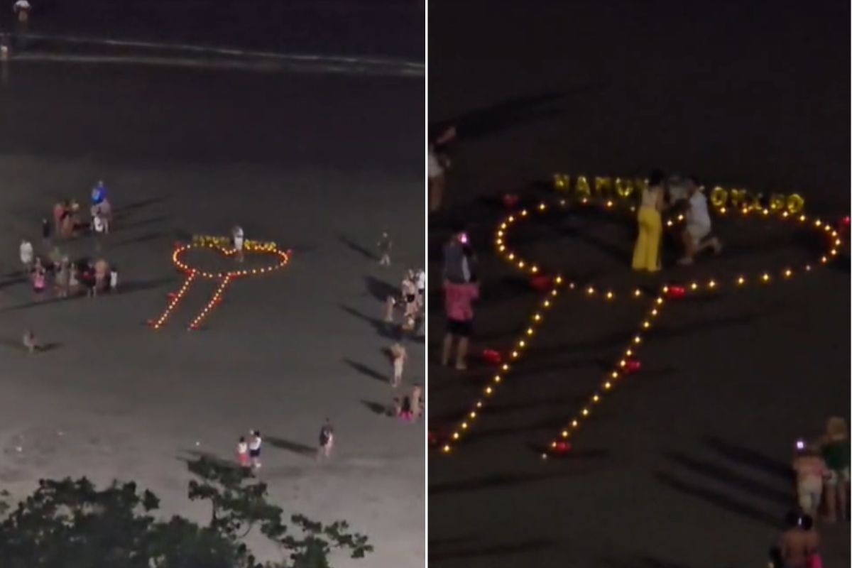 Posição de velas em pedido de namoro na praia viraliza pelo formato: 'Quinta série'; VÍDEO