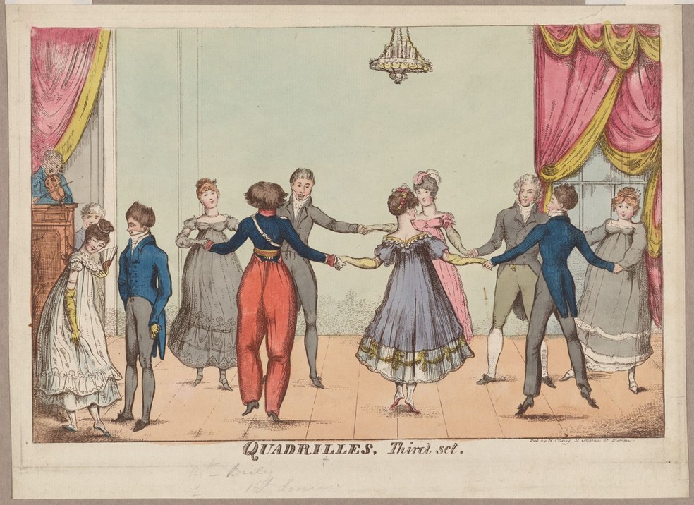 As ilustrações de Robert Cruikshank, por volta de 1810, mostram casais dançando quadrilha na cidade de Dublin — Foto: Biblioteca Pública de Nova York/Coleção Digital