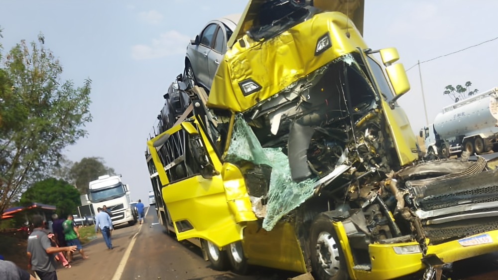 Acidente entre caminhão cegonha e caminhão boiadeiro deixa uma pessoa ferida na BR-365, em Uberlândia
