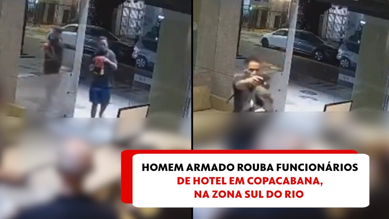 Ladrão se atrapalha em assalto a hotel em Copacabana e só consegue cobrir o rosto ao sair para rua; VÍDEO