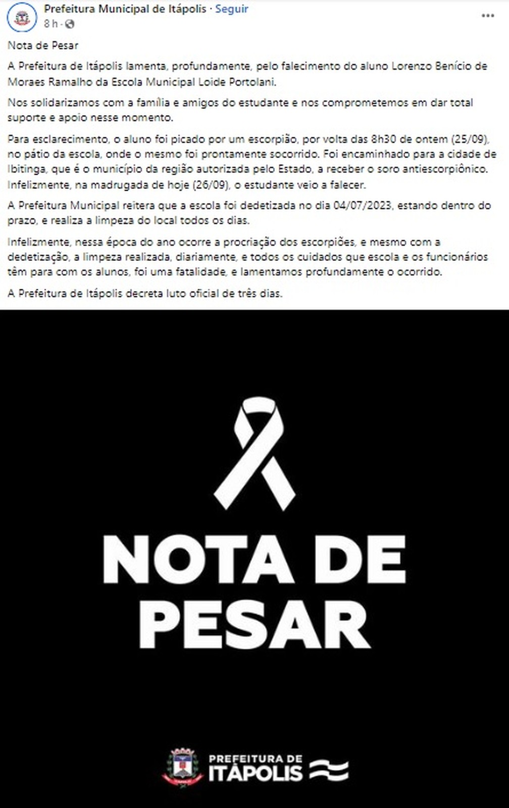 Prefeitura de Itápolis lamentou morte de menino picado por escorpião em escola — Foto: Facebook/Reprodução