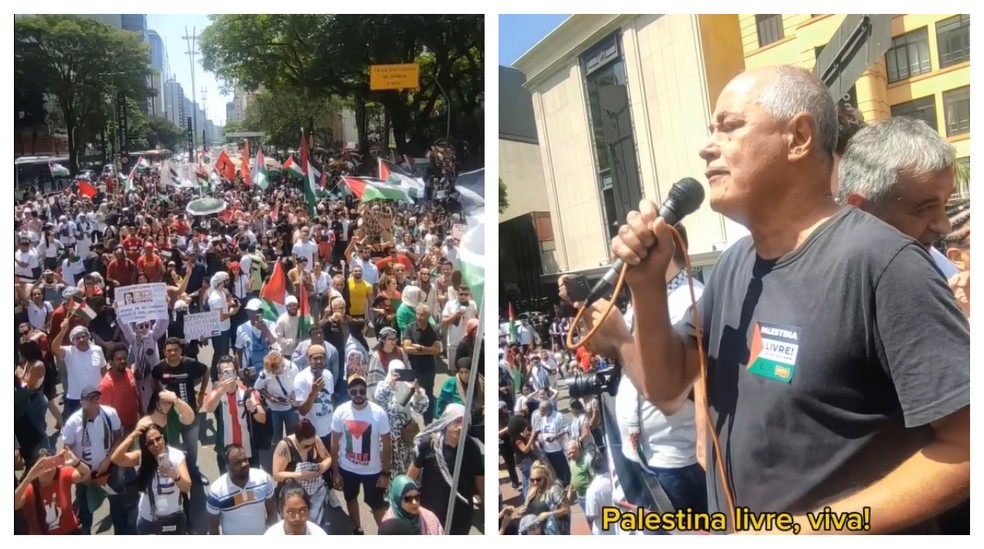 Ato em favor do povo palestino na Avenida Paulista, em 22 de outubro de 2023, em que José Maria do PSTU foi condenado. — Foto: Reprodução/Redes Sociais