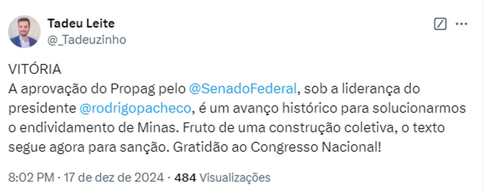 Presidente da ALMG, Tadeu Martins Leite (MDB), comemora aprovação do Propag — Foto: X/ Reprodução