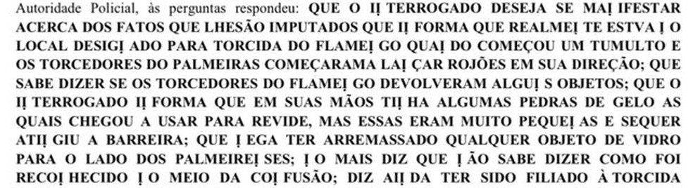 Trecho do depoimento onde torcedor do Flamengo afirma que atirou gelo — Foto: Reprodução