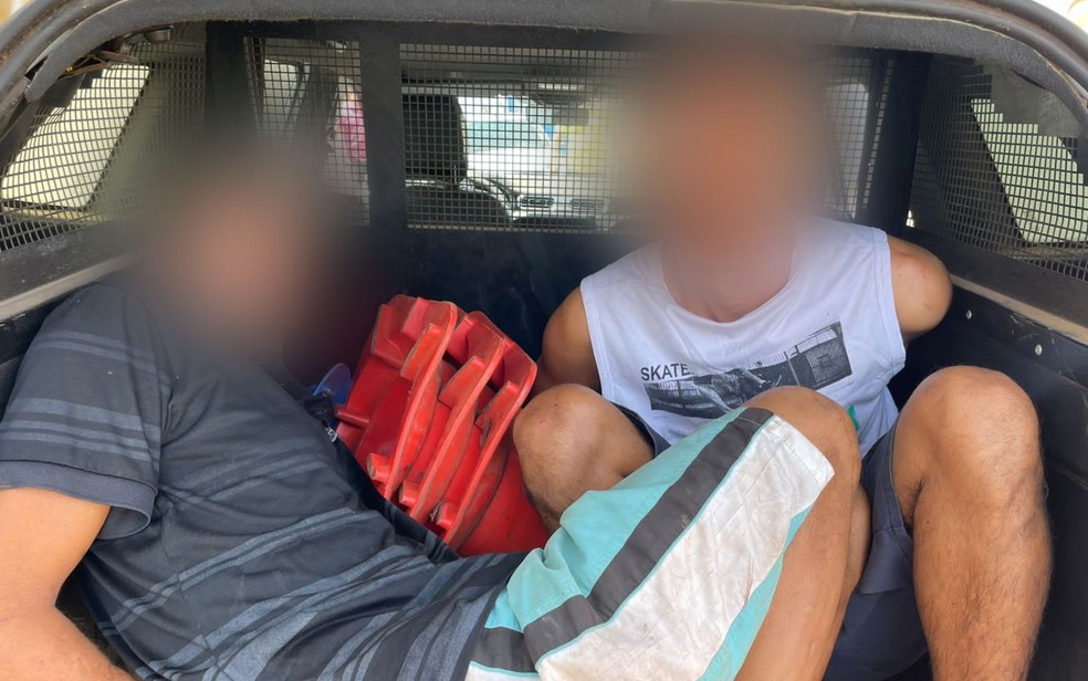 Suspeito e amigo foram conduzidos à delegacia, em Luziânia, Goiás — Foto: Reprodução/TV Anhanguera