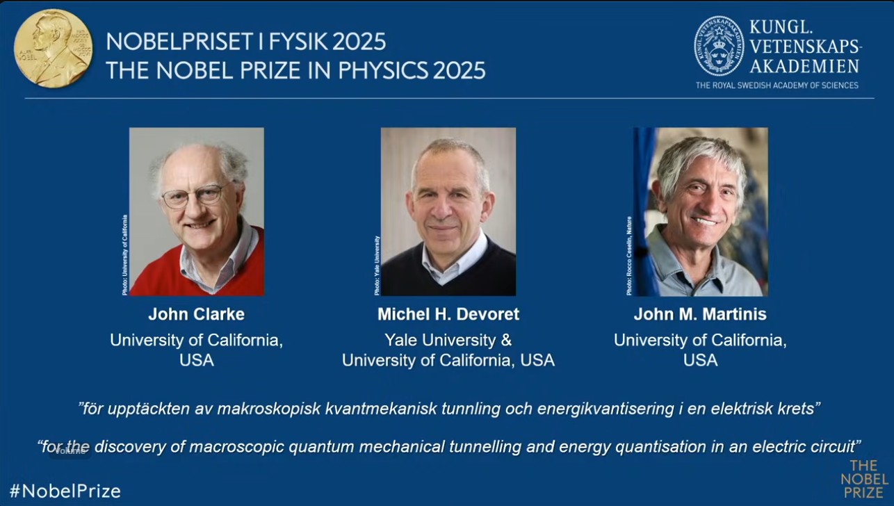 Nobel de Física 2025 vai para John Clarke, Michel H. Devoret e John M. Martinis pela descoberta da túnel quântico macroscópico e da quantização de energia em circuitos elétricos