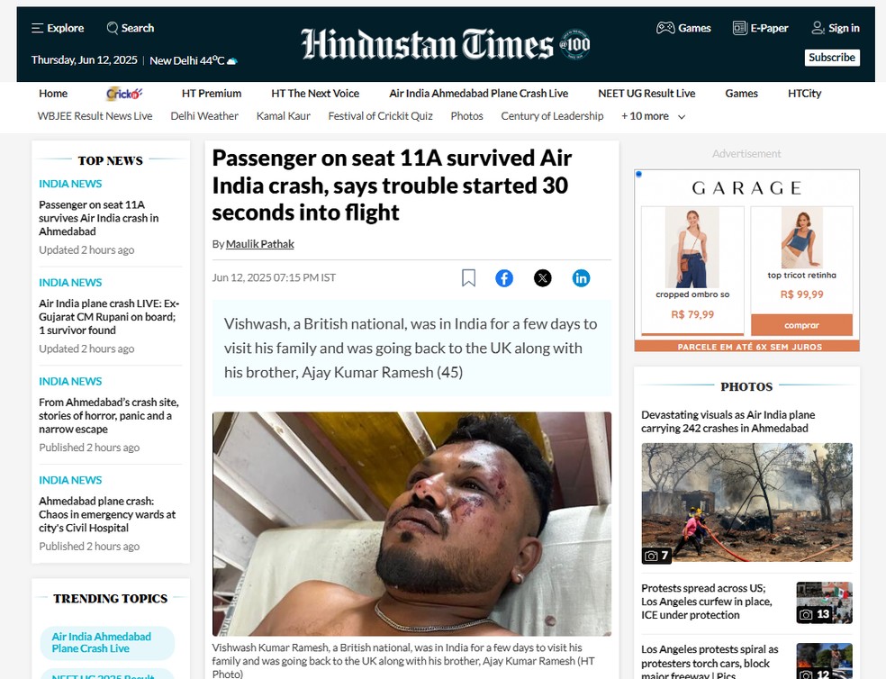 Homem que relatou ao jornal indiano "Hindustan Times" ter sobrevivido à queda de um Boeing 787 na Índia, em 12 de junho de 2025. — Foto: Reprodução/ Hindustan Times