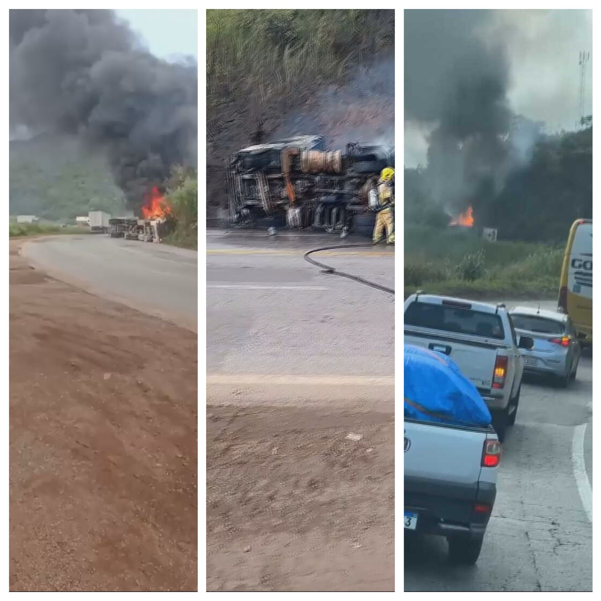Caminhão tomba e pega fogo na BR-381 na Grande BH; VÍDEO