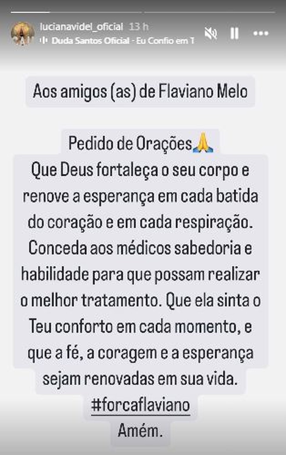 Luciana Videl, esposa de Flaviano, pediu orações para o marido — Foto: Reprodução/Instagram