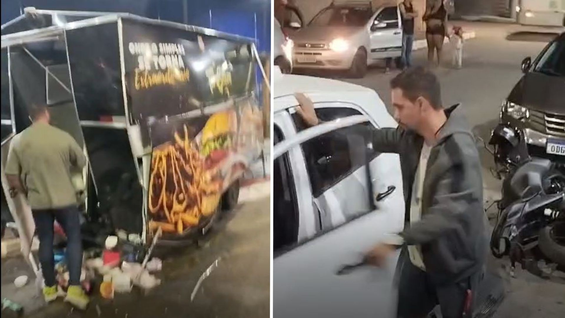 Motorista sem carteira atinge trailer de lanches em praça de Linhares; funcionário se queima com óleo quente