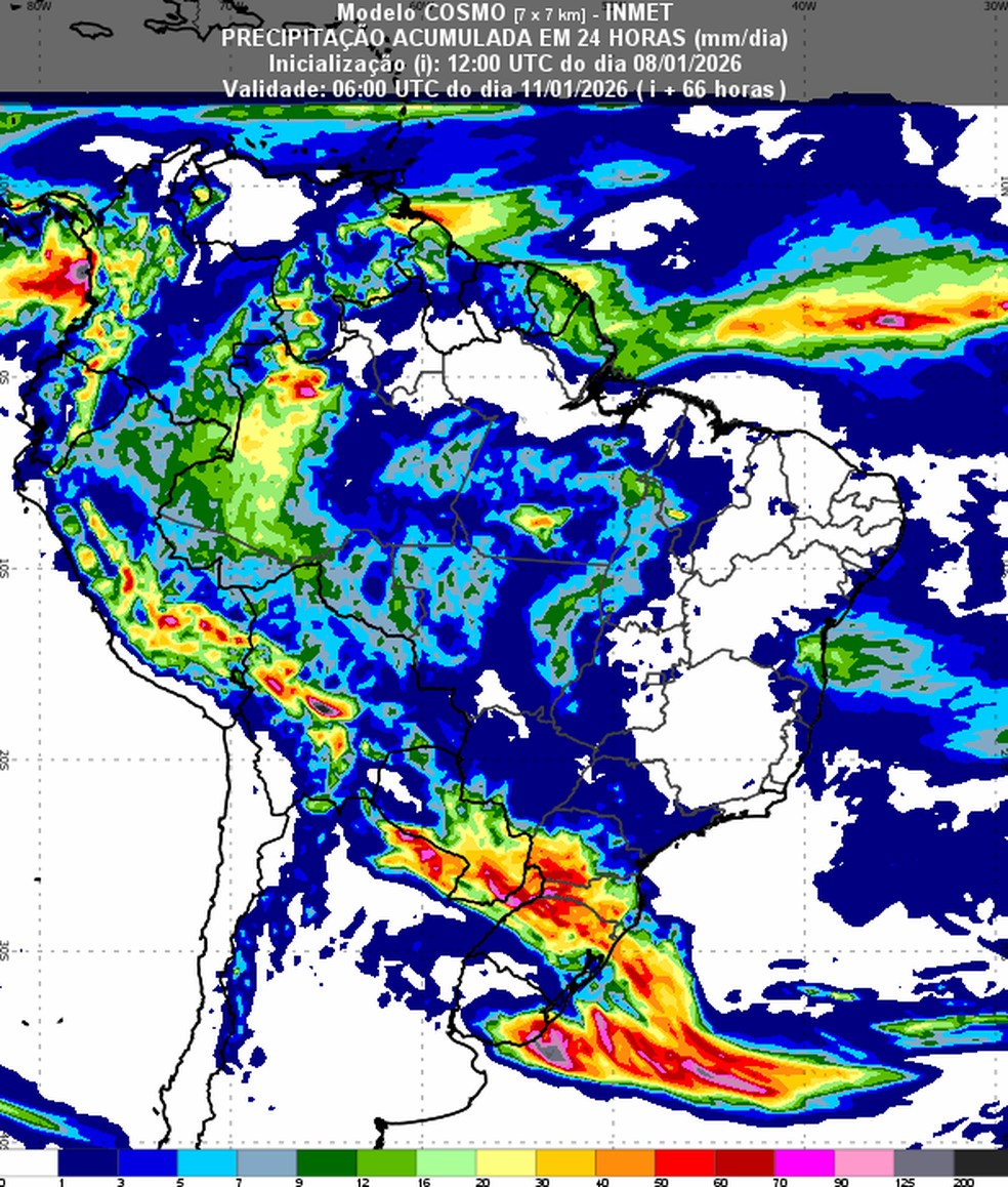 Modelo meteorológico mostra o grande volume de chuva previsto para o Sul no fim de semana. — Foto: Inmet