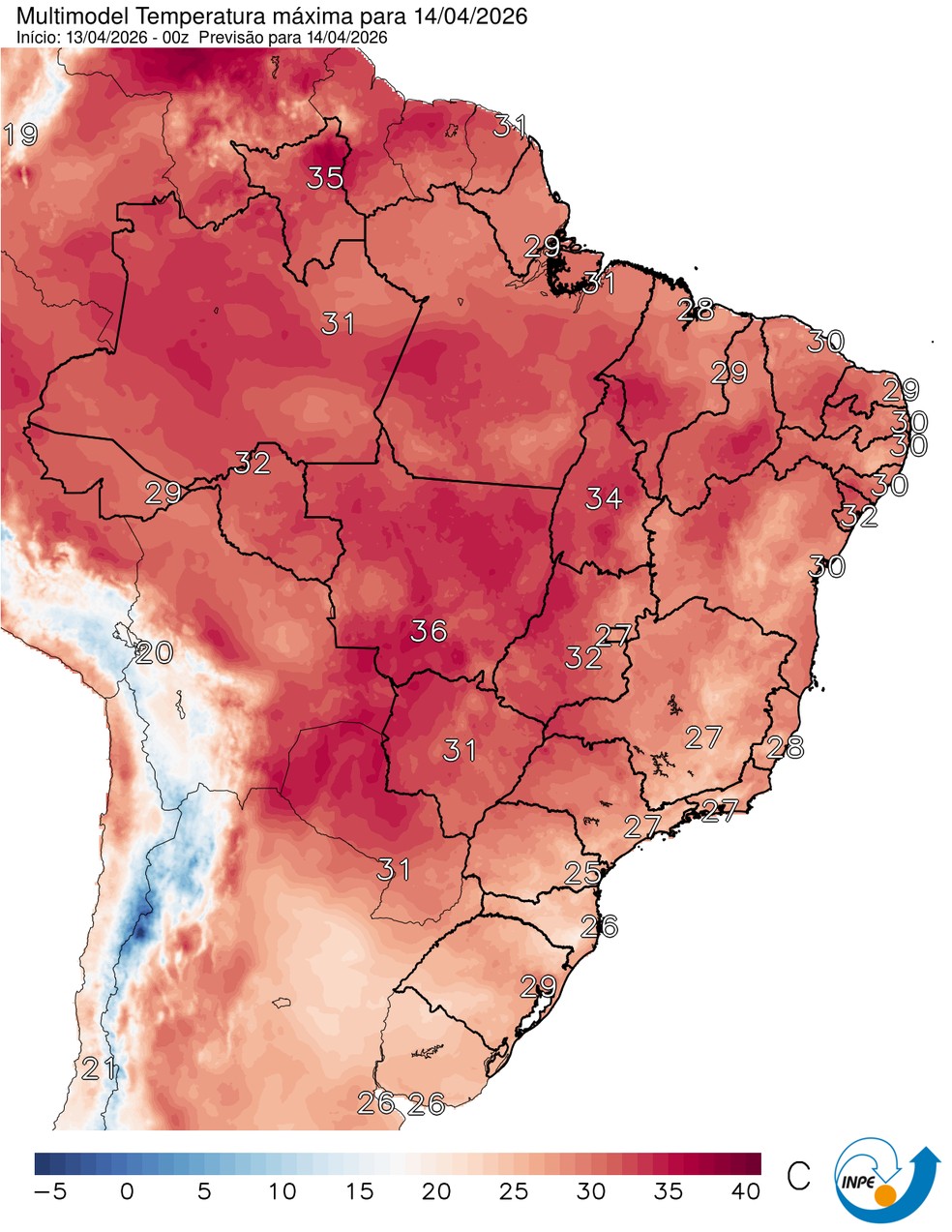 Mapa mostra previsão de temperatura máxima para esta terça (14). — Foto: CPTEC/Inpe
