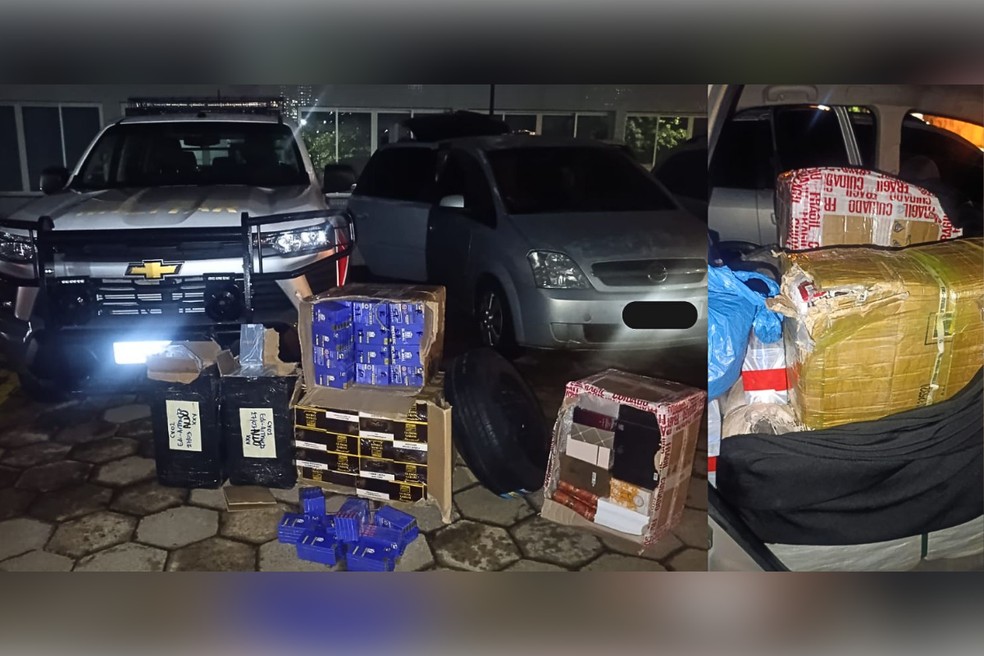 Mercadorias estavam em um carro que foi abordado em Presidente Epitácio (SP) — Foto: Polícia Militar/Divulgação