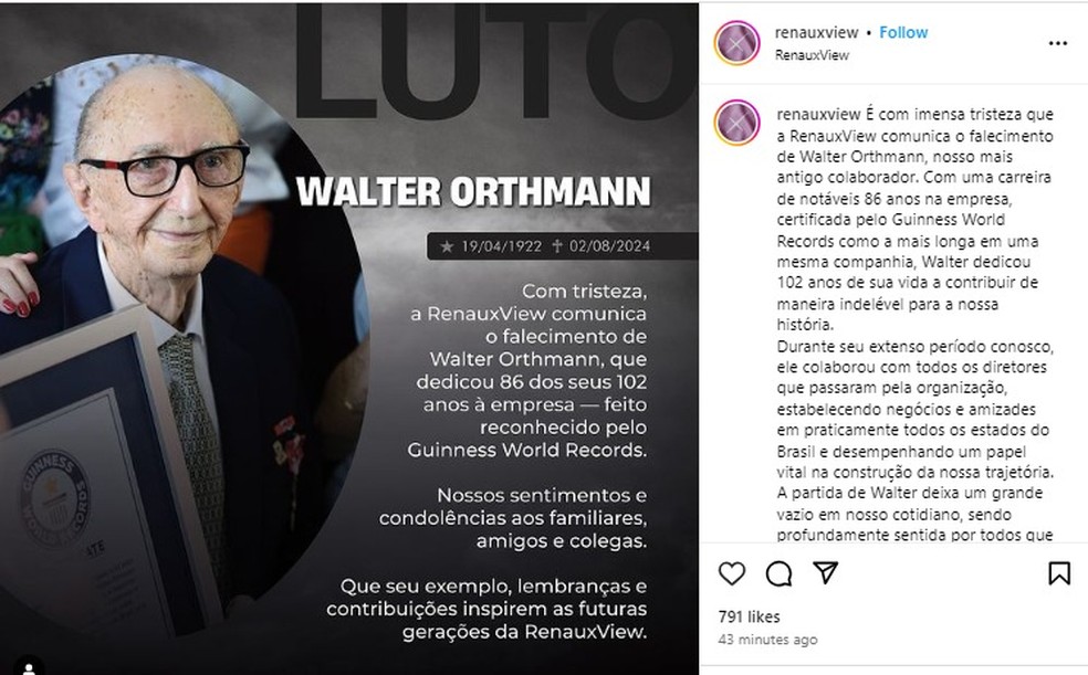 Morre aos 102 anos brasileiro que entrou para o Guinness como funcionário mais antigo do mundo — Foto: Reprodução/Redes Sociais/RenauxView