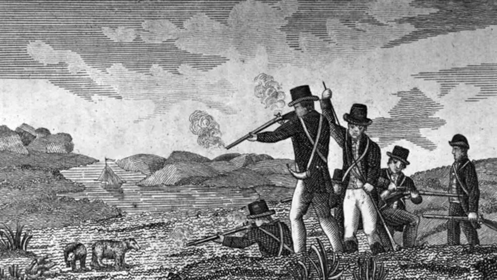 Um desenho de 1811 retrata a exploração da fronteira americana por Louis e Clark. — Foto: Getty Images via BBC