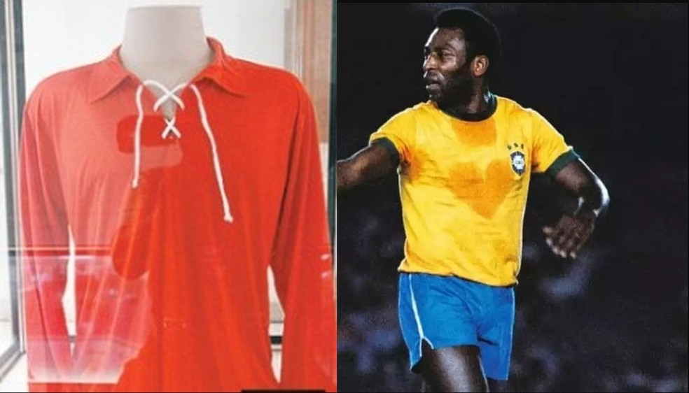 Imagem da camisa vermelha usada pela seleção brasileira de futebol em 1917 e a tradicional "amarelinha", usada por Pelé (foto) — Foto: Reprodução/Museu da Seleção Brasileira e DOMICIO PINHEIRO/ESTADÃO CONTEÚDO