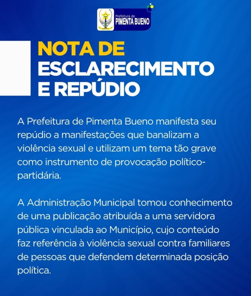 Nota da Prefeitura de Pimenta Bueno em RO — Foto: Prefeitura de Pimenta Bueno