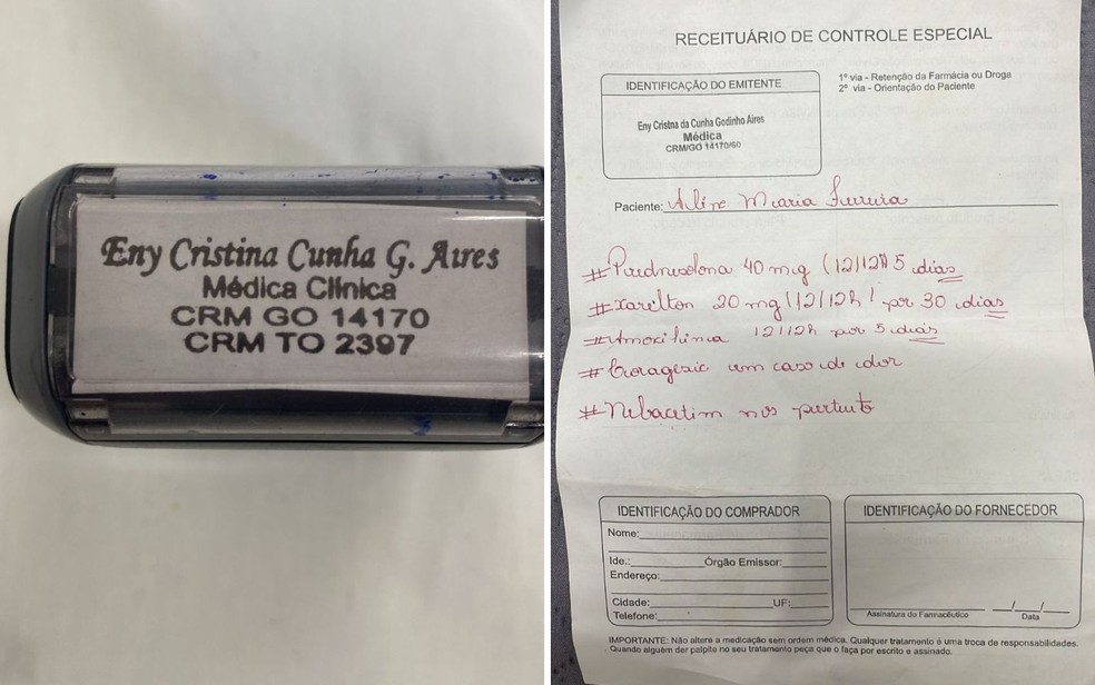 Carimbo foi mostrado pela médica Eny Aieres para mostrar os dados corretos. Receita com os dados de Eny Aires foram usados por clínica de Grazielly da Silva Barbosa, presa após a morte da influencer; — Foto: Reprodução/Globo